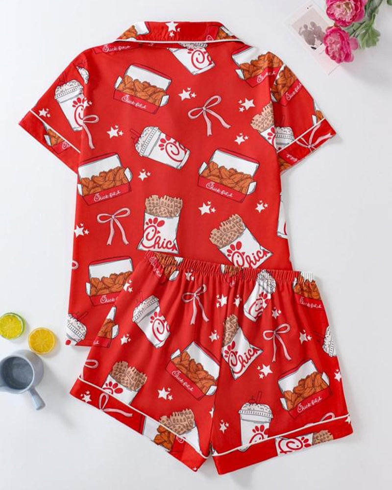 Women's Funny Fried Chicken Print Lapel Short Sleeve Shirt and Shorts Pajama Two-Piece Set