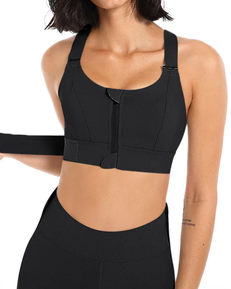 Women's Zipper Front High-Strength Support Adjustable Straps Cross Back Short Fitness Sports Bra