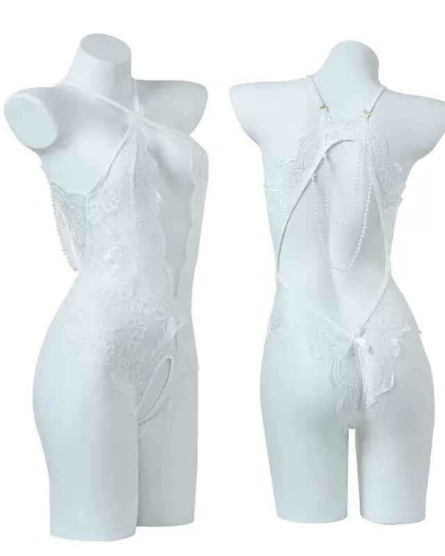 Sexy Lace Open Crotch Tights Pearl Backless Pajamas With Heart Decoration Leg Socks