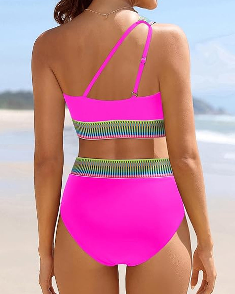 Women's One Shoulder Colorblock High Waist Bikini Set