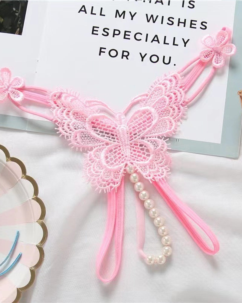 Sexy Lace Embroidery Crotchless Pearl Thong
