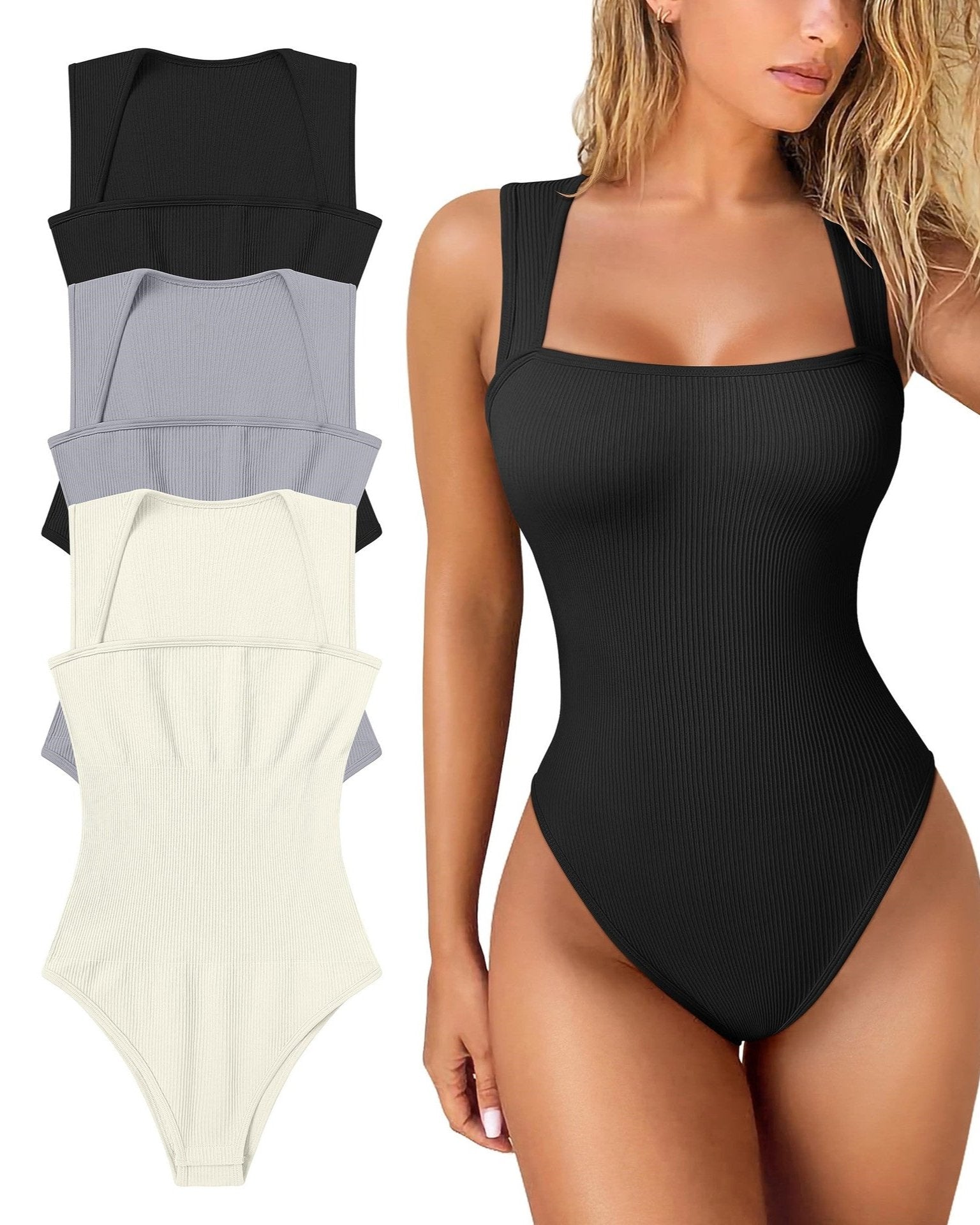 Women's Square Neck Sleeveless Knit Ribbed Vest Bodysuit