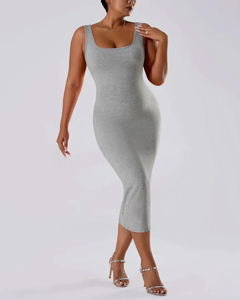 Solid Color Sleeveless Waist and Hip Lifting Long Dress With Built In Shapewear