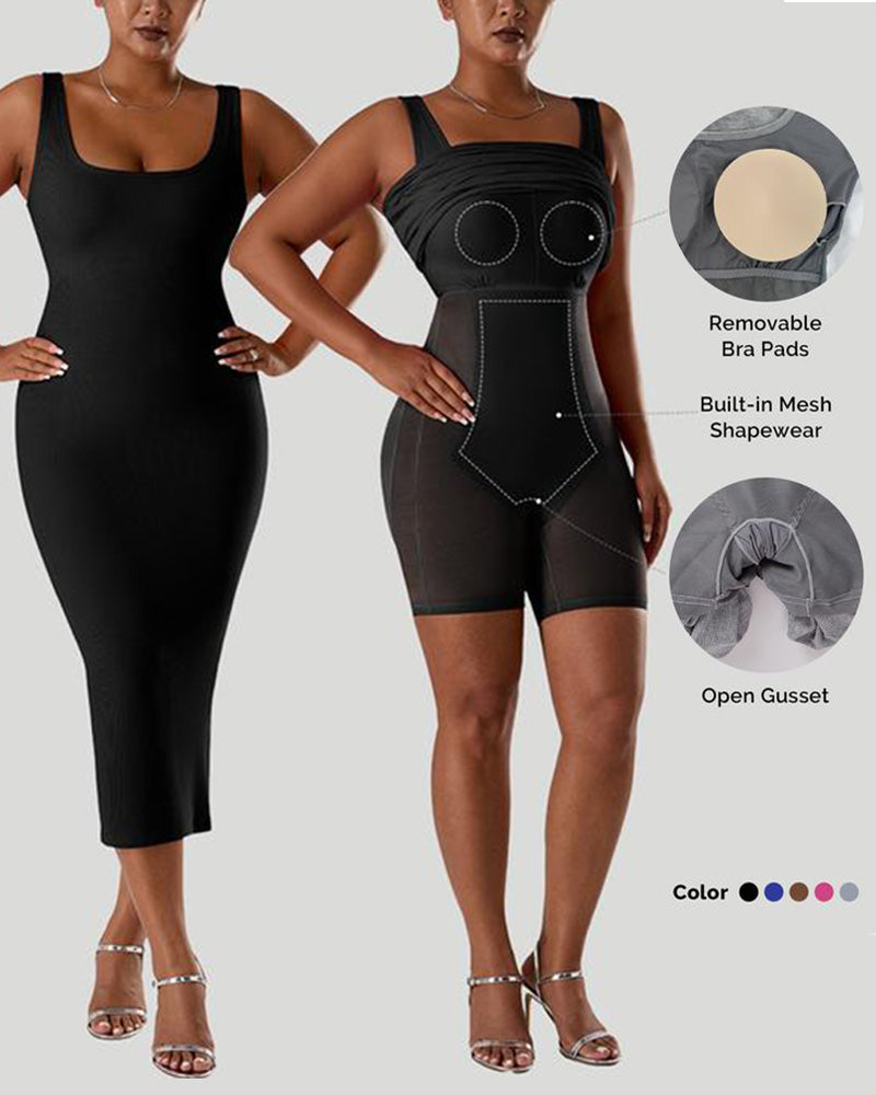 Solid Color Sleeveless Waist and Hip Lifting Long Dress With Built In Shapewear
