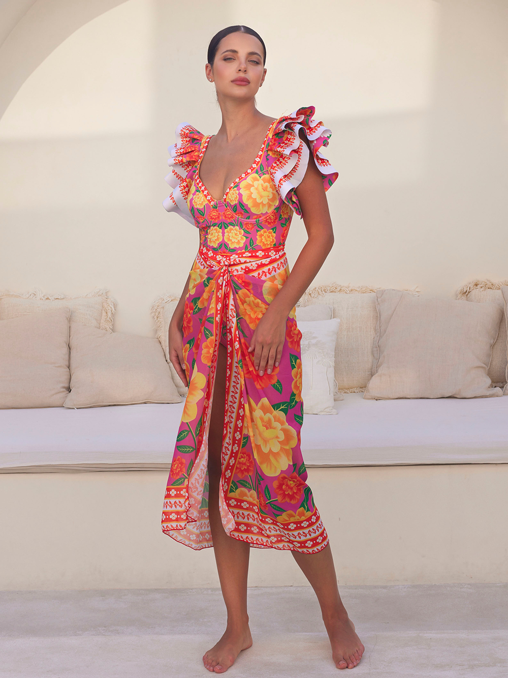 Ruffled Contrast Print One Piece Swimsuit and Sarong