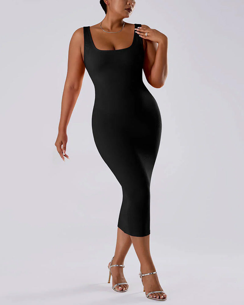 Solid Color Sleeveless Waist and Hip Lifting Long Dress With Built In Shapewear
