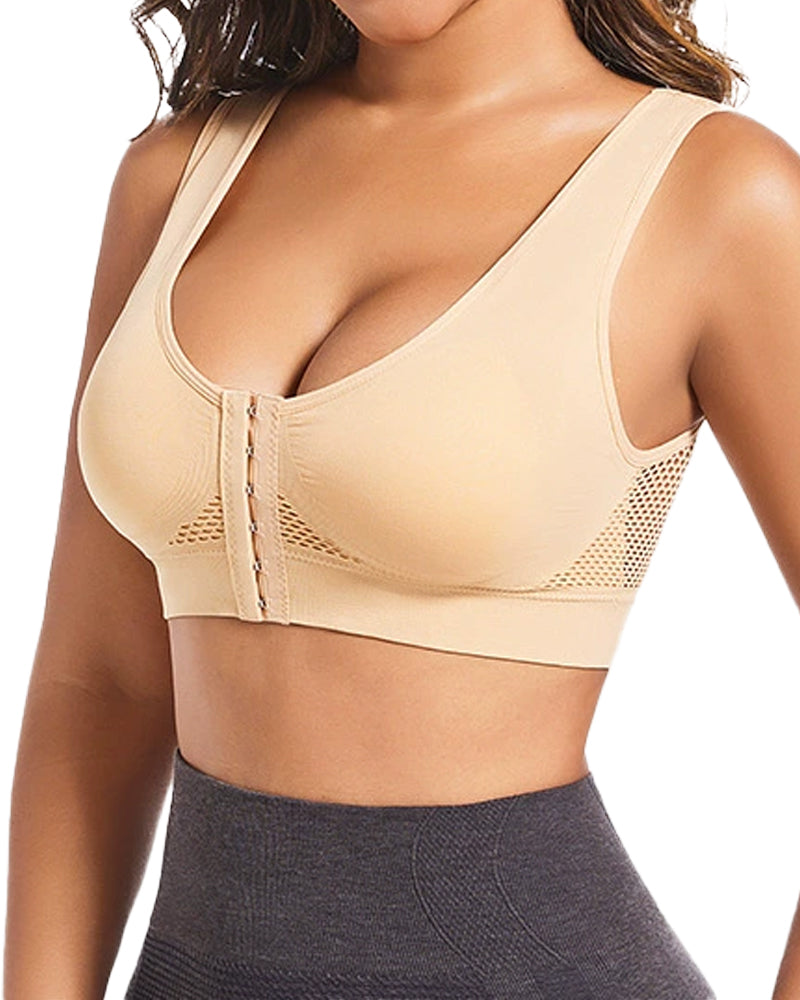 Women's Front-Clasp Plus Size High Support Back Mesh Breathable Wire-Free Sports Bra