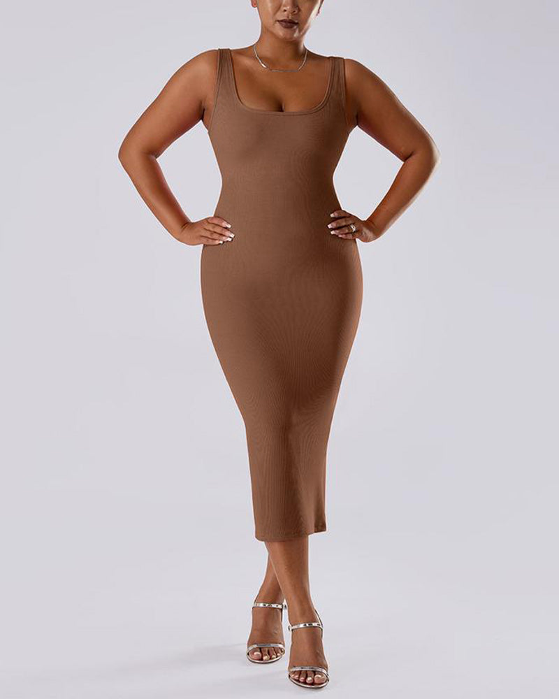 Solid Color Sleeveless Waist and Hip Lifting Long Dress With Built In Shapewear