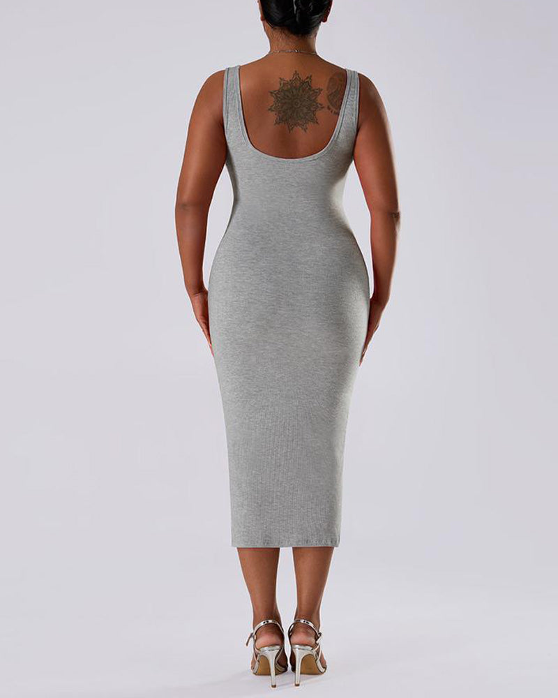 Solid Color Sleeveless Waist and Hip Lifting Long Dress With Built In Shapewear