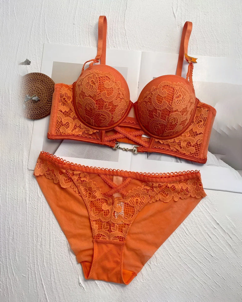 Women's Sexy Hollow Floral Lace Push-up Bra Set