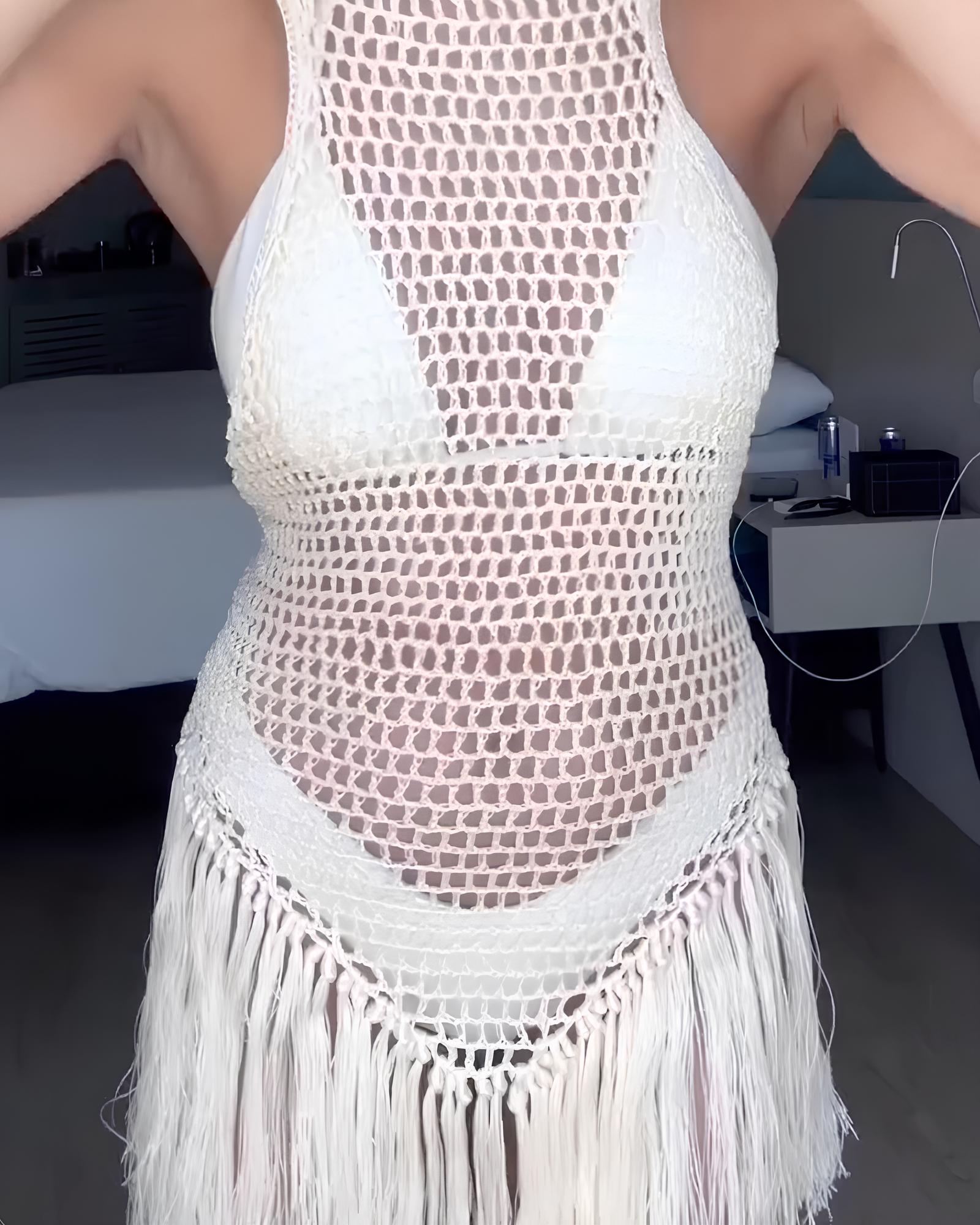 Solid Color Bikini and Round Neck Halter Hollow Backless Tassel Sexy Beach Dress Cover Up