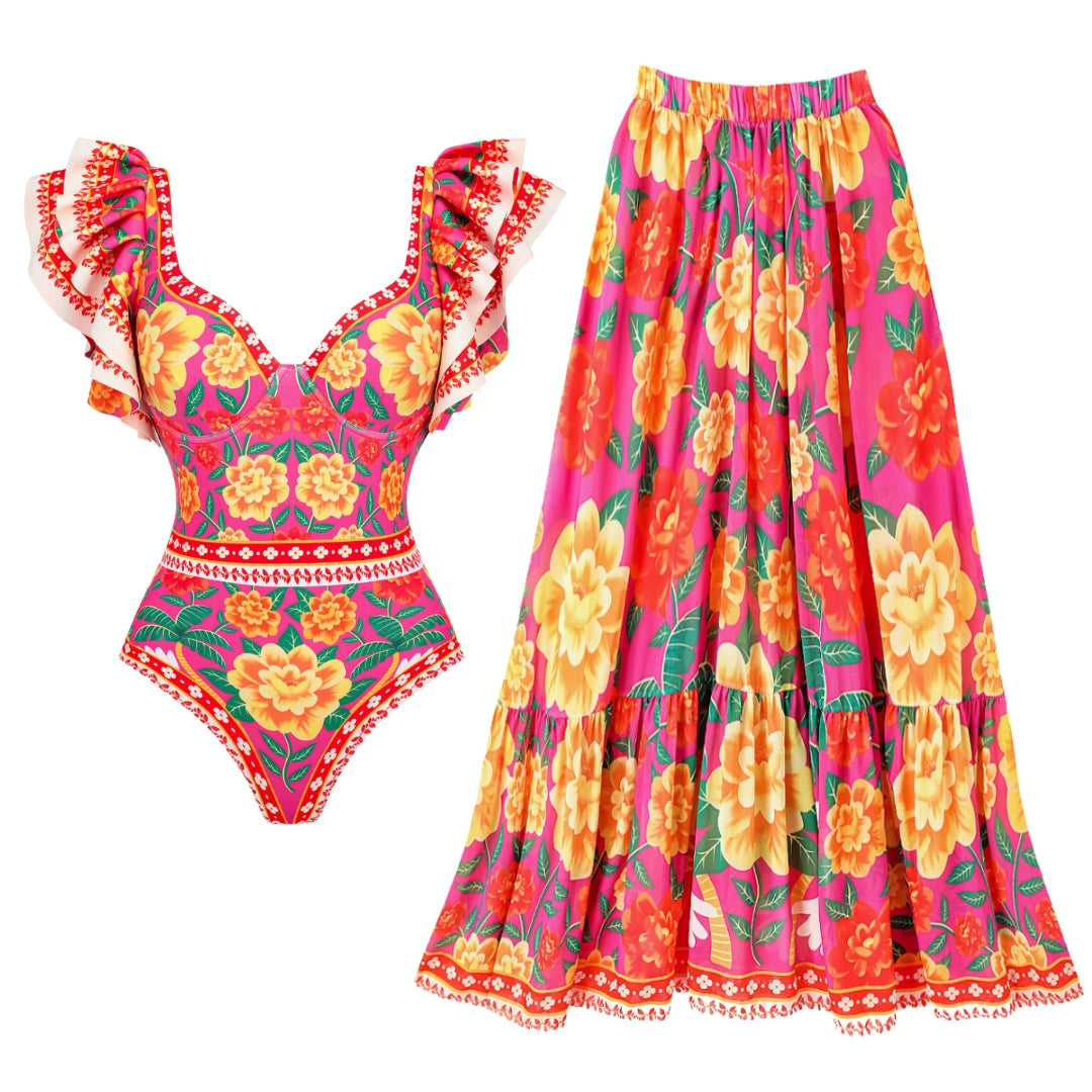 Ruffled Contrast Print One Piece Swimsuit and Sarong
