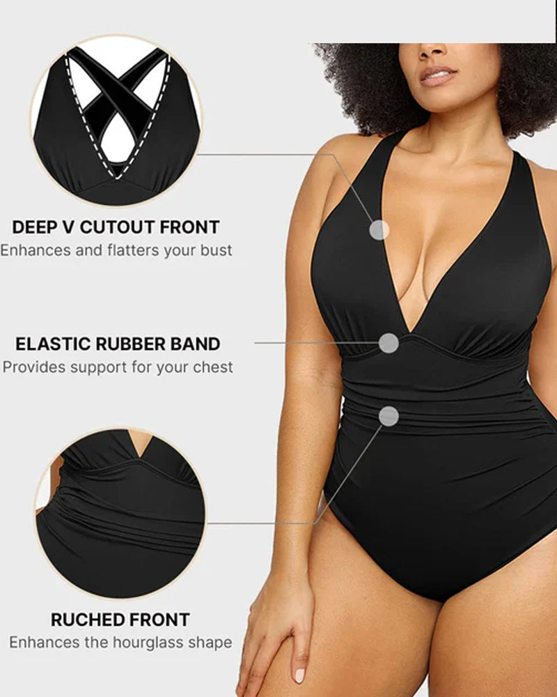 Beach Vacation Solid Color Deep V Sexy One-Piece Swimsuit