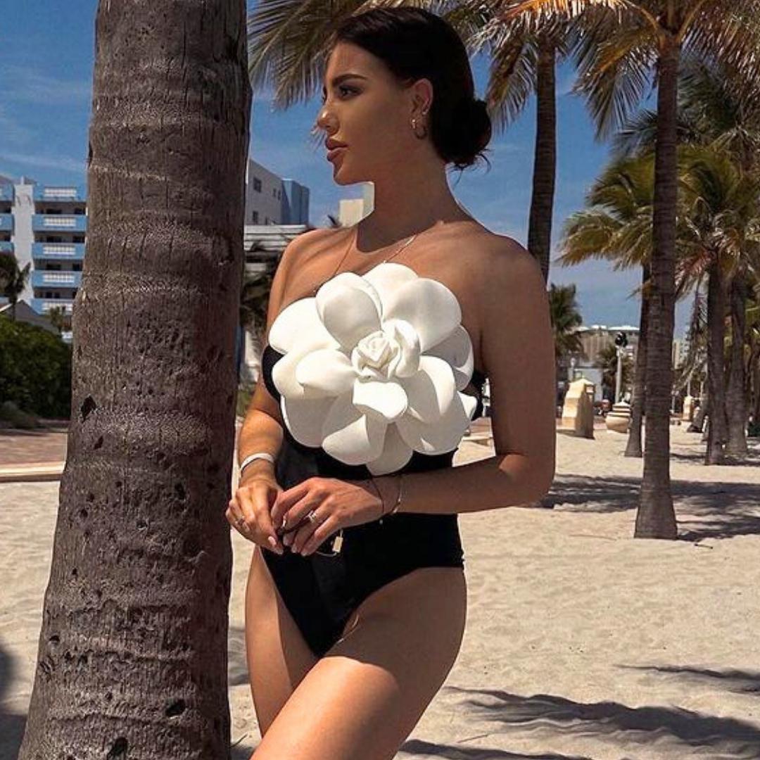 3D Flower One Shoulder One Piece Swimsuit and Skirt
