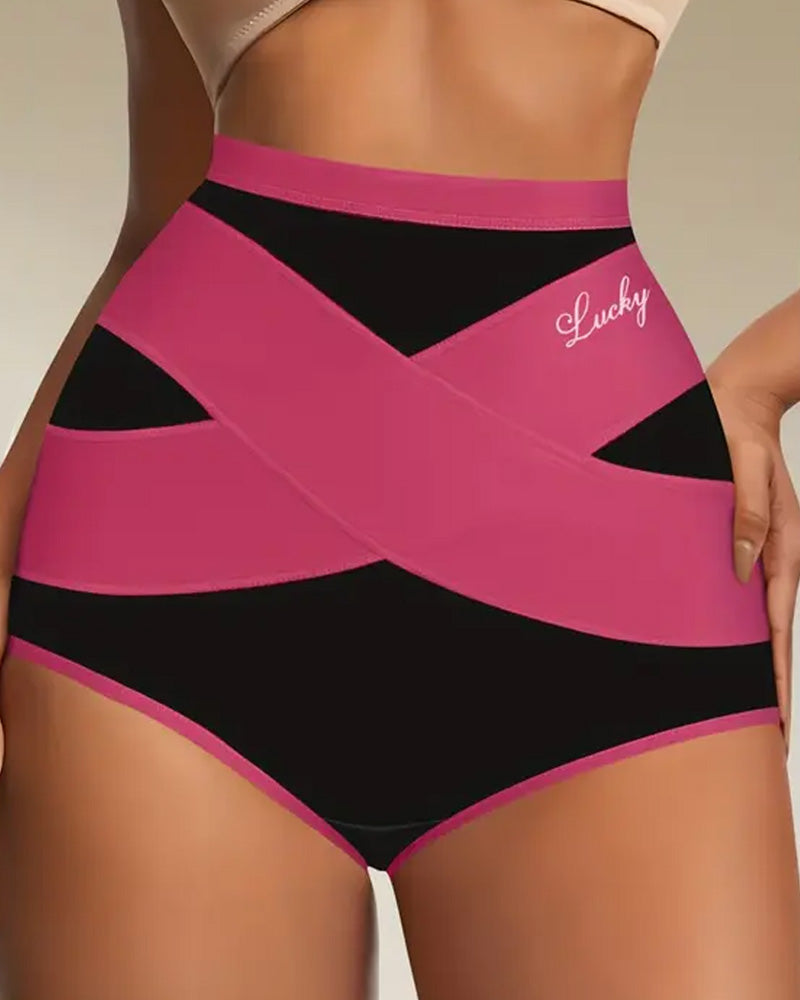 Milk Silk Cross Bandage Contrast Color High Waist Hip Lift Tummy Control Briefs