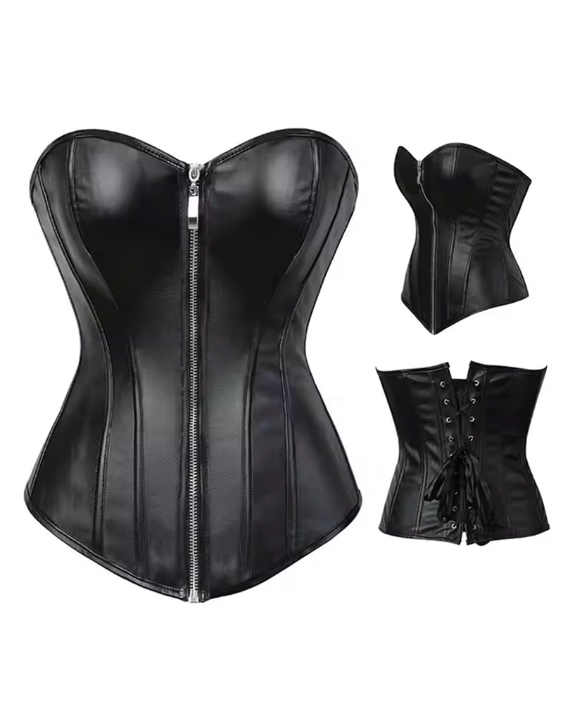 Sexy Zippered Black Leather Steel Boned Back Drawstring Corset