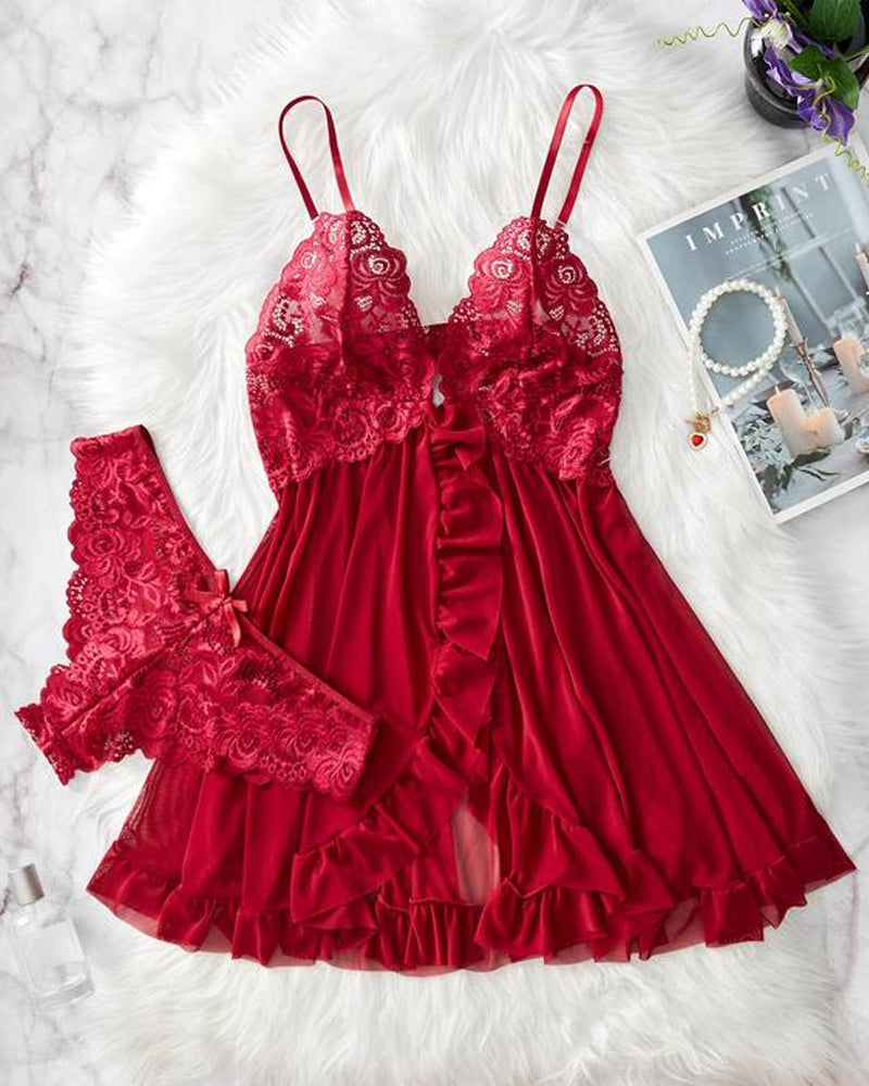 Women's Lace Sexy Ruffle Suspender Nightdress and Panty Set