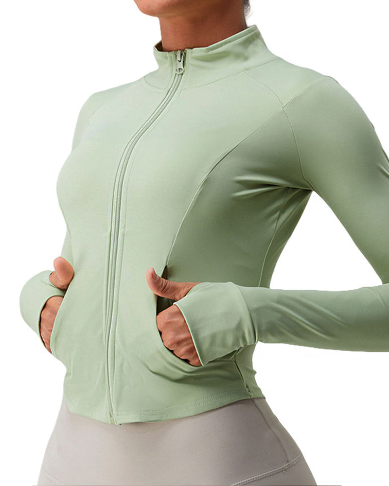 Breathable Quick-Drying Front Zip Yoga Track Jacket with Pockets and Thumbholes