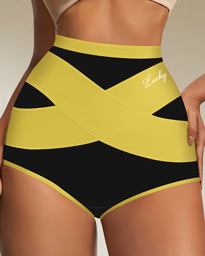 Milk Silk Cross Bandage Contrast Color High Waist Hip Lift Tummy Control Briefs