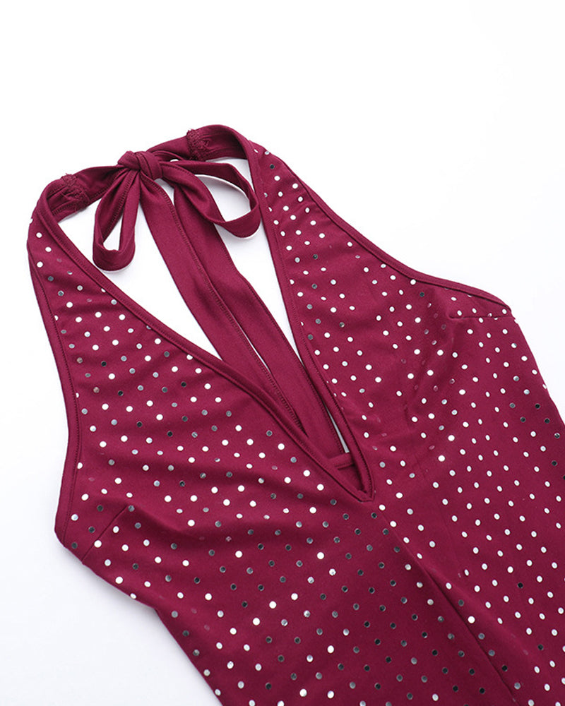 Sexy Slim Fit Deep V Jumpsuit with Rhinestones