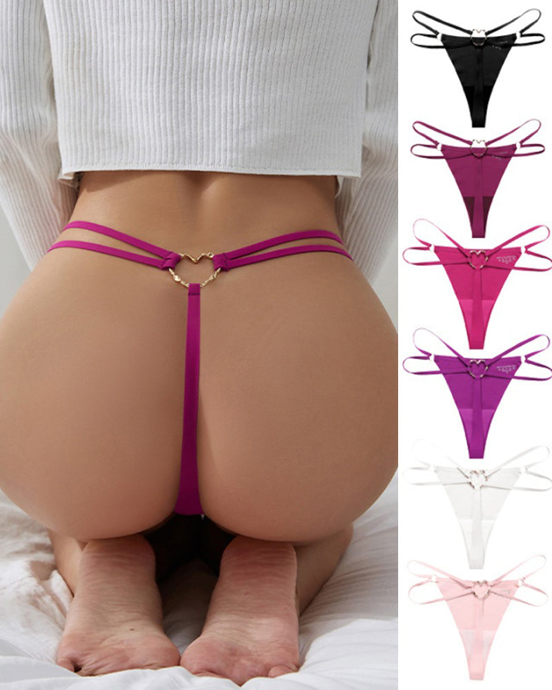 Seamless Double-Strap Heart Metal Ring Design Sexy Thong