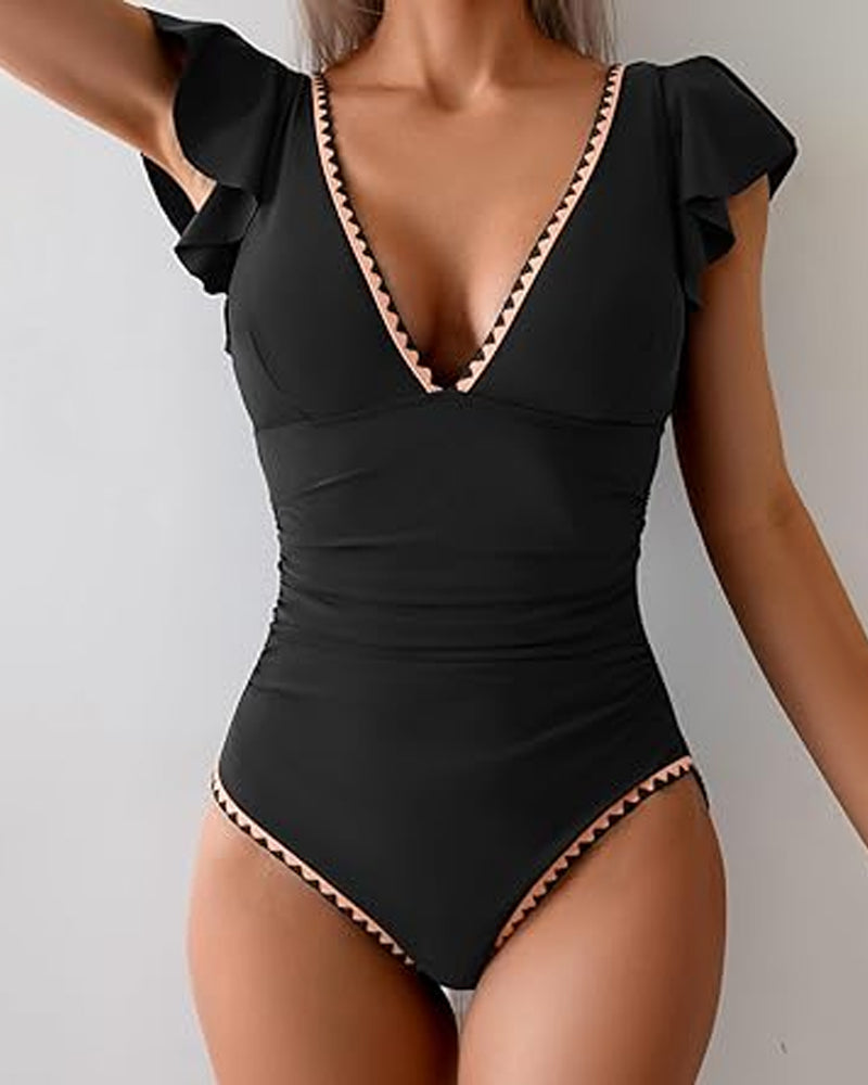 Deep V Ruffle Short-Sleeve Tummy-Controlling Printed One-Piece Swimsuit