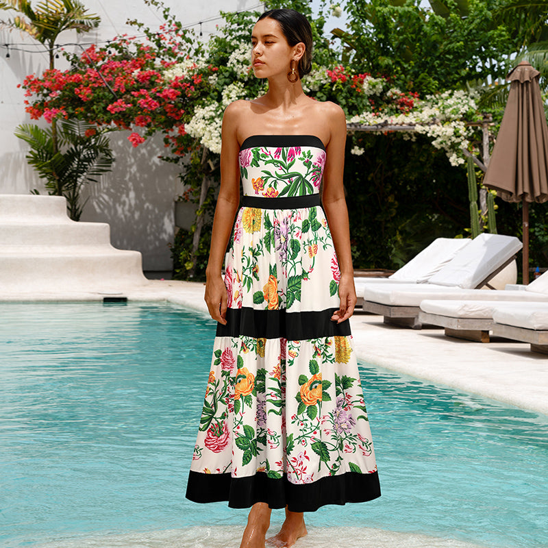 Off Shoulder Back Bow Tie Color Block Printed One Piece Swimsuit and Skirt