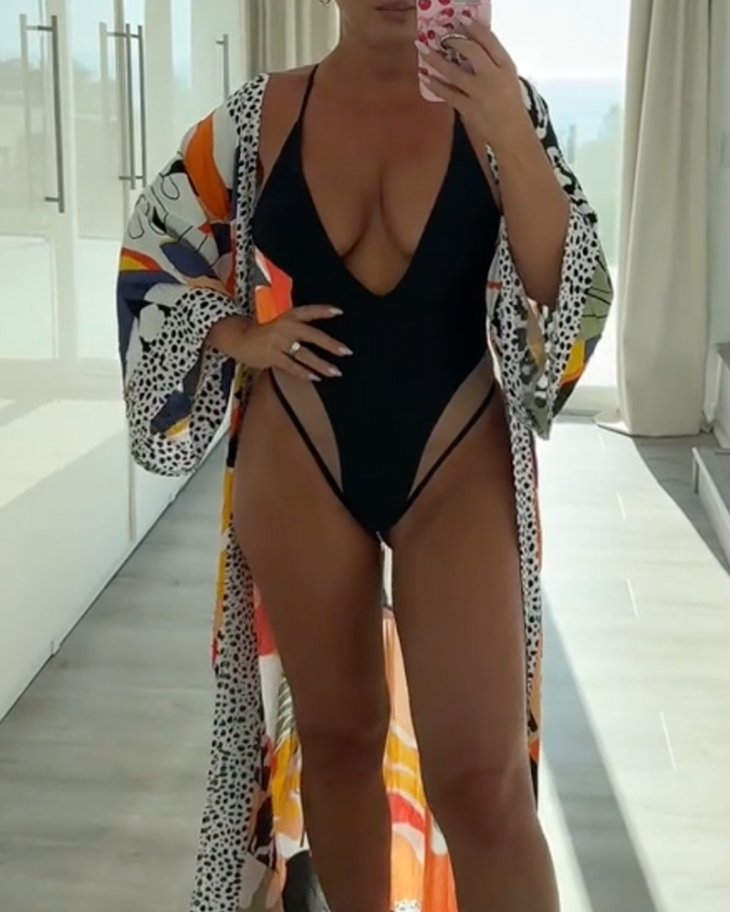 Women's Beach Vacation Sexy Deep V Mesh Backless One-Piece Swimsuit