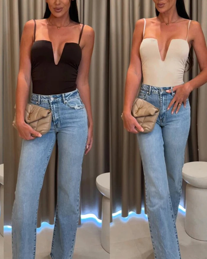 Women's Deep V Neck Tummy Control Backless Bodysuit