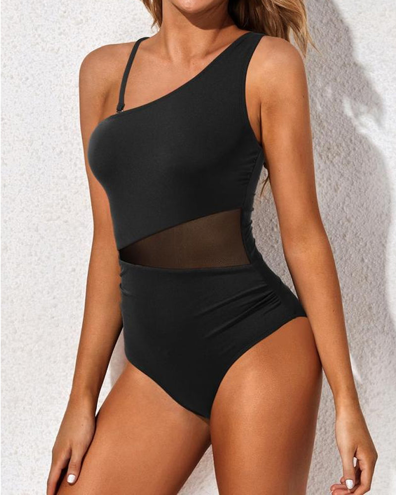 Women's Tummy-Control Mesh One-Shoulder One-Piece Swimsuit