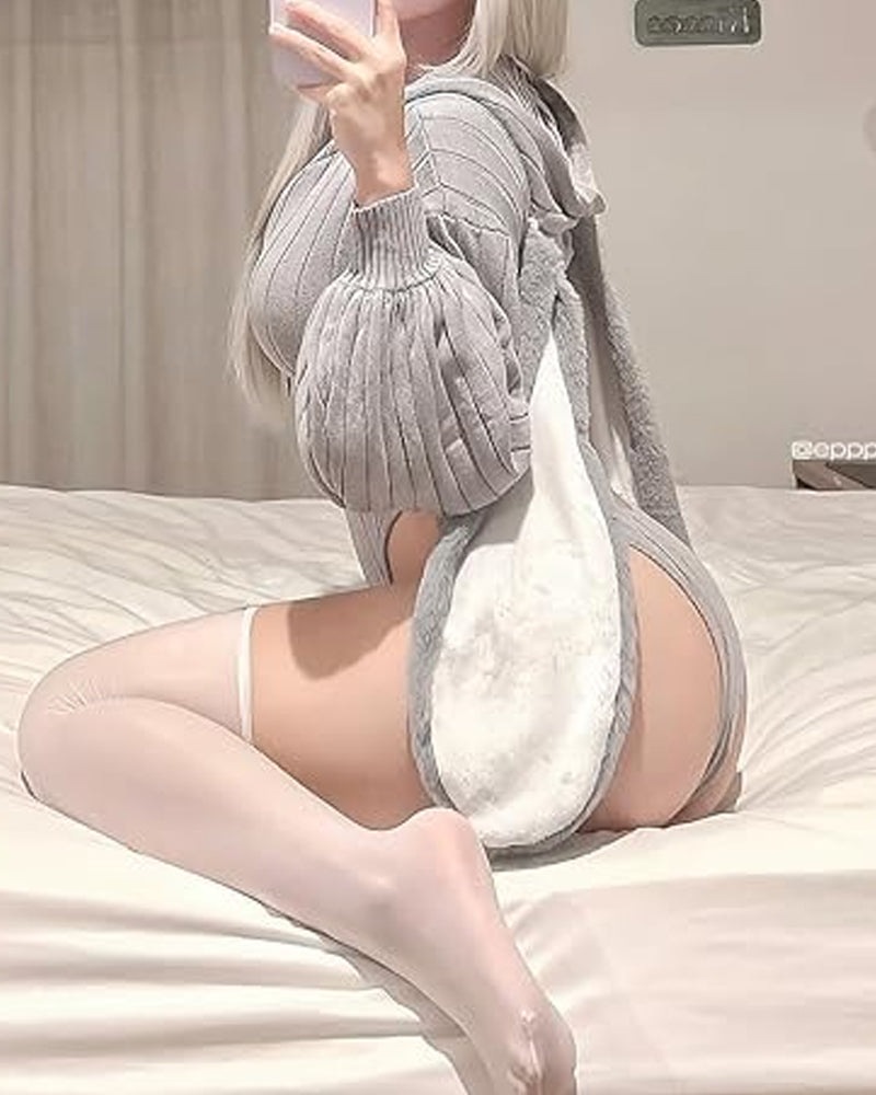 Women's Sexy Cosplay Knitted Bunny Ears Zipper Bodysuit