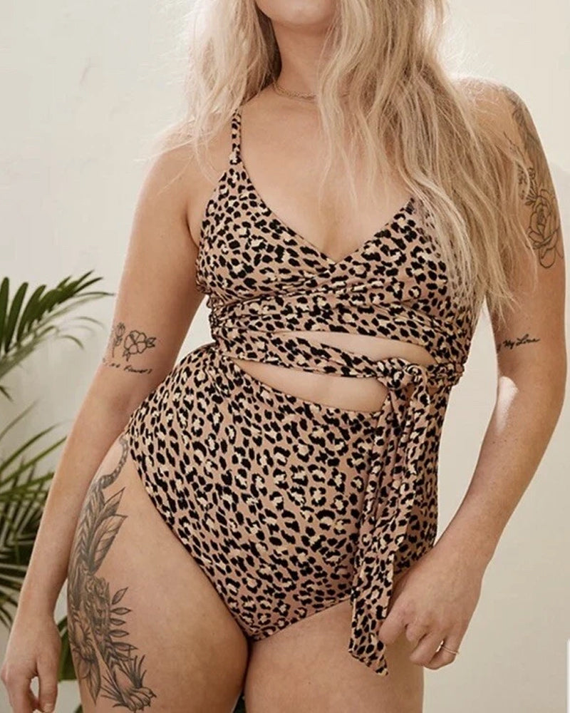 Women's V-neck Wrap Cross Strap Sexy Hollow One-Piece Swimsuit