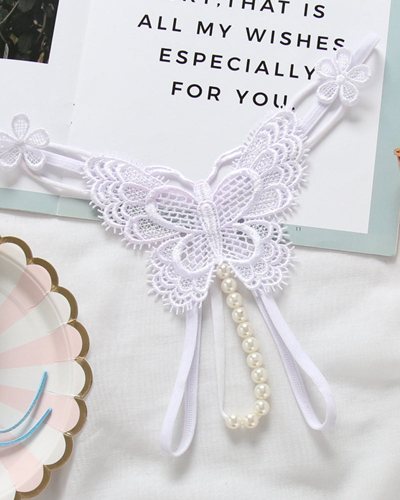 Sexy Lace Embroidery Crotchless Pearl Thong