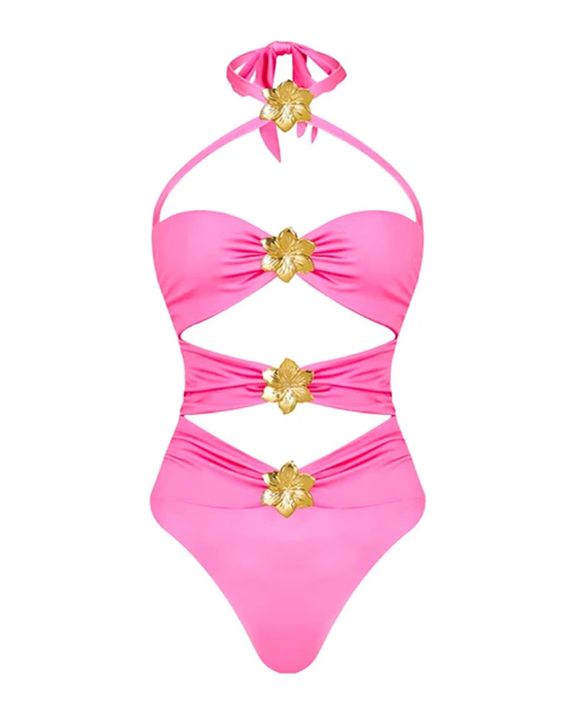 Halterneck Cut Out Swimsuit and Skirt With Flower Hardware Details