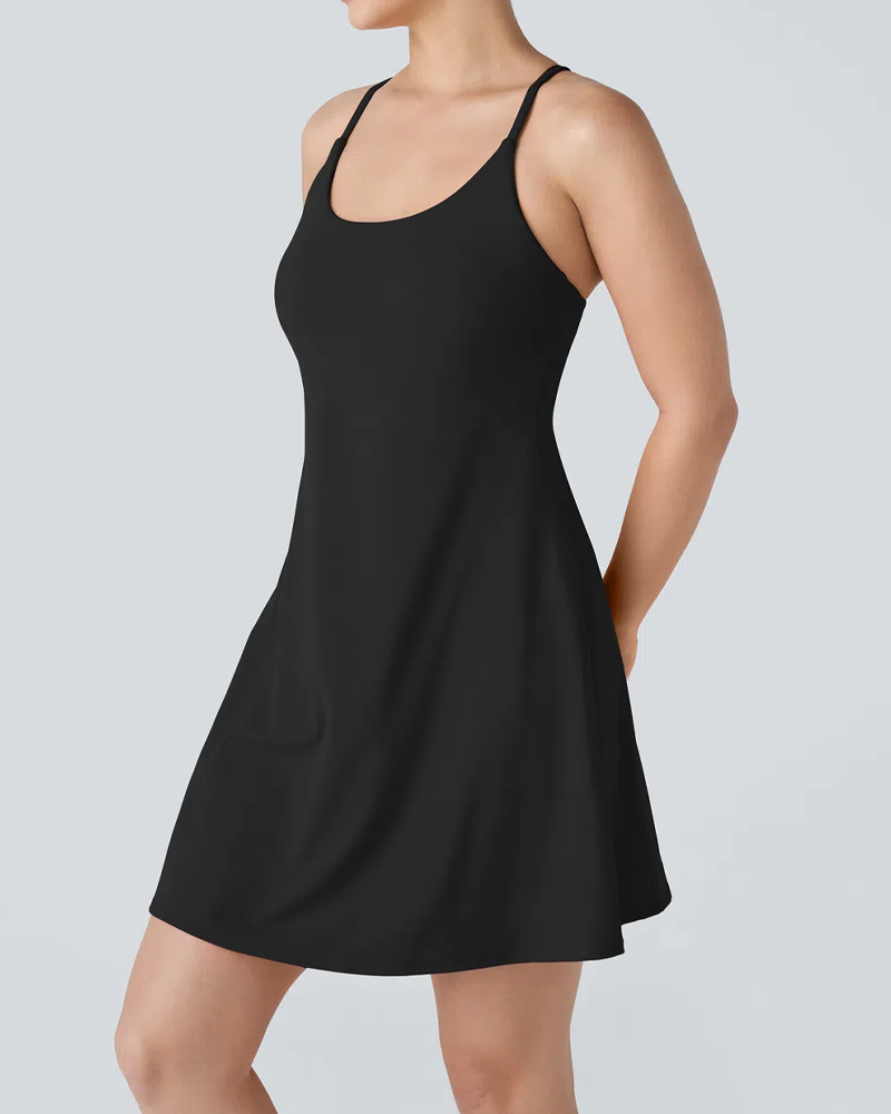 Women's Solid Color Sleeveless Casual Sports Dress with Pocket Shorts