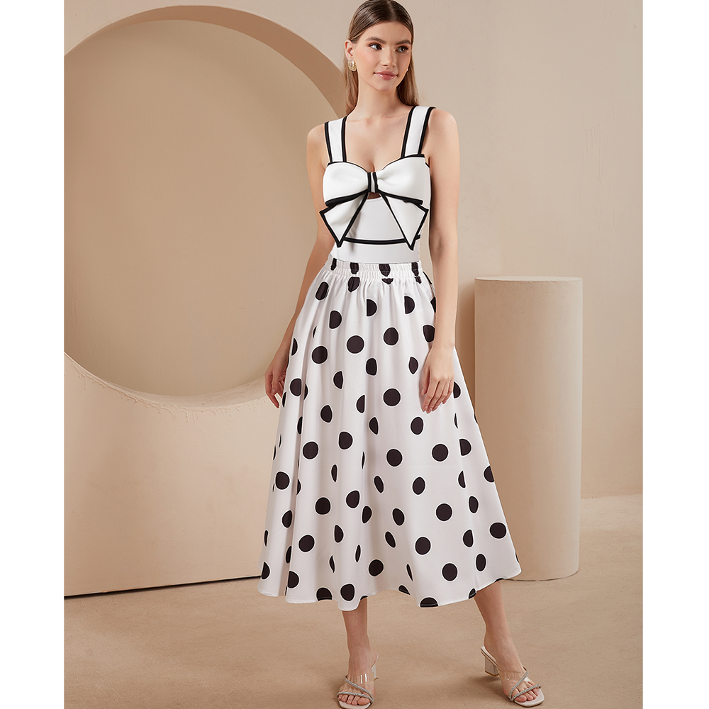 Bow Front Cutout Black and White One Piece Swimsuit and Skirt
