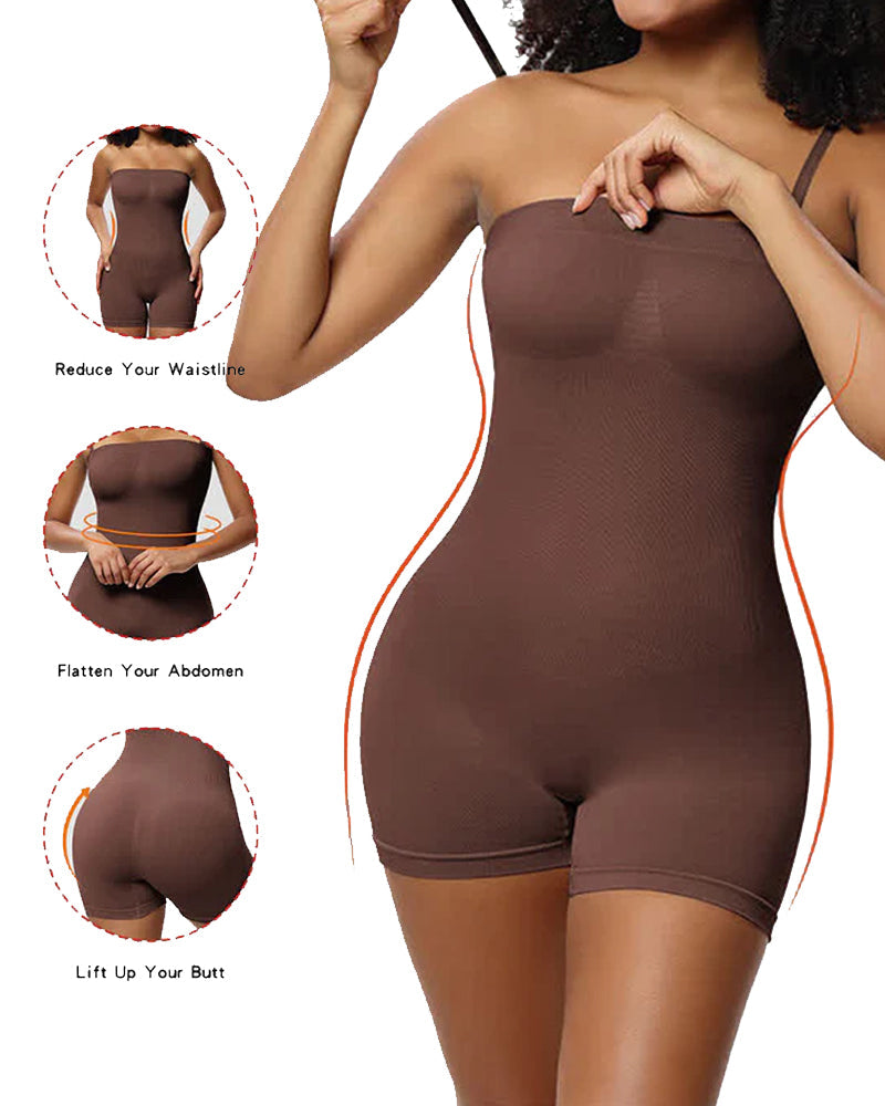 Women's Tummy Control Removable Spaghetti Straps Seamless Bandeau Bodycon Shorts Body Shaper