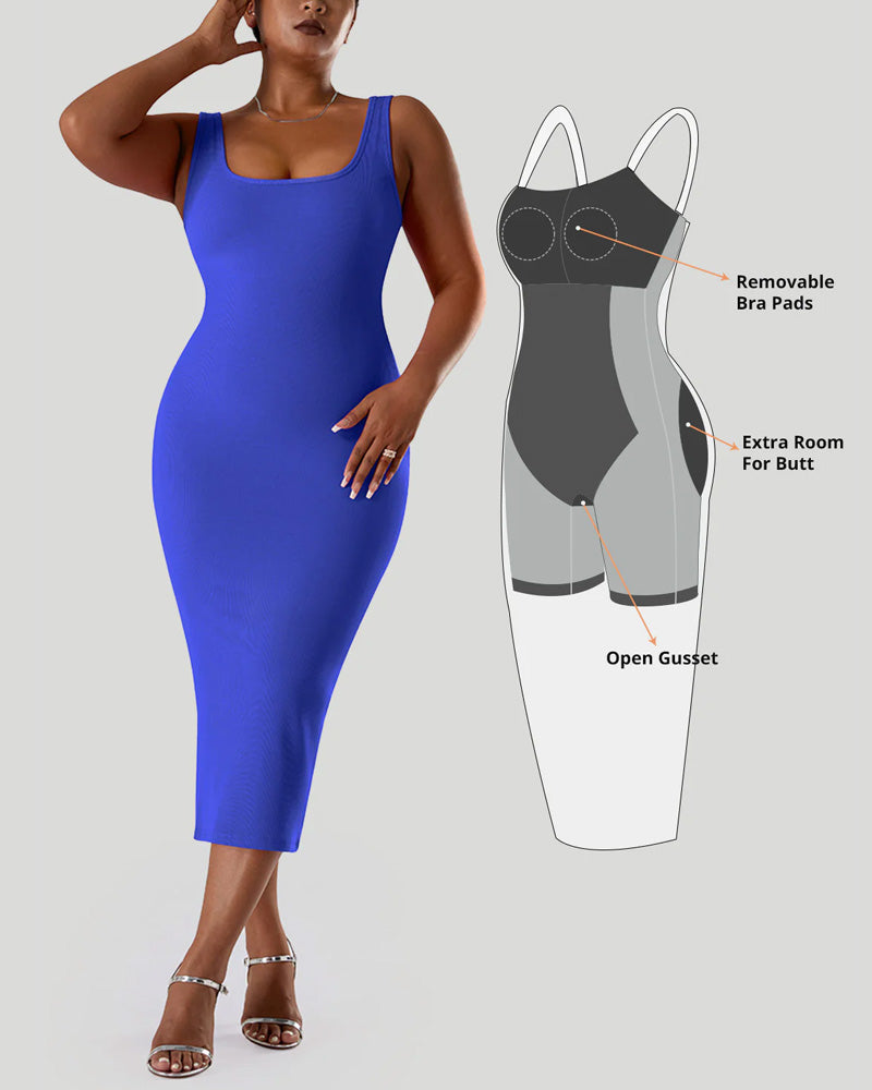 Solid Color Sleeveless Waist and Hip Lifting Long Dress With Built In Shapewear