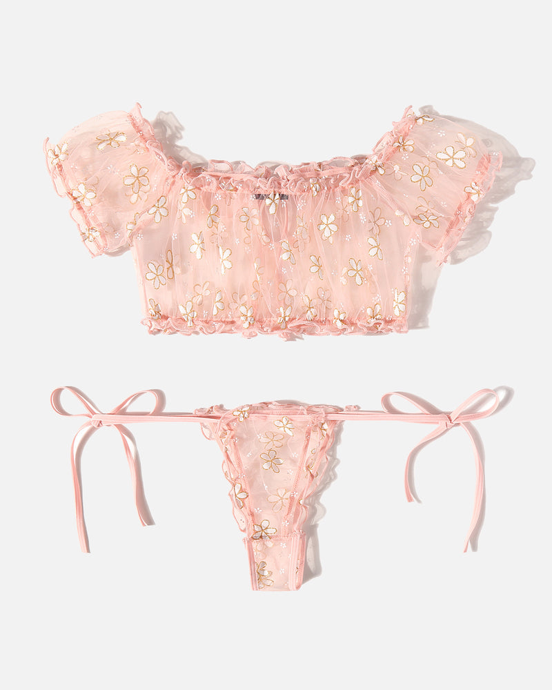 Floral Mesh Ruffle Lingerie Set