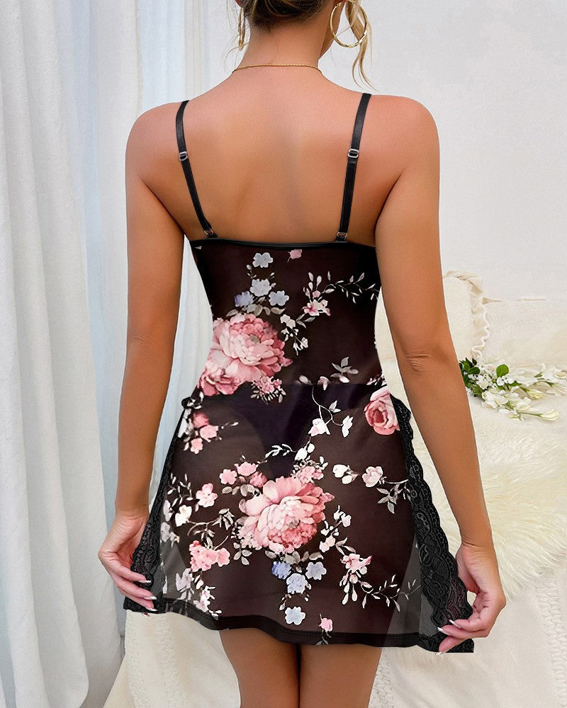 Women's Deep V Lace Trim Colorblock Print Side Slit Suspender Nightdress